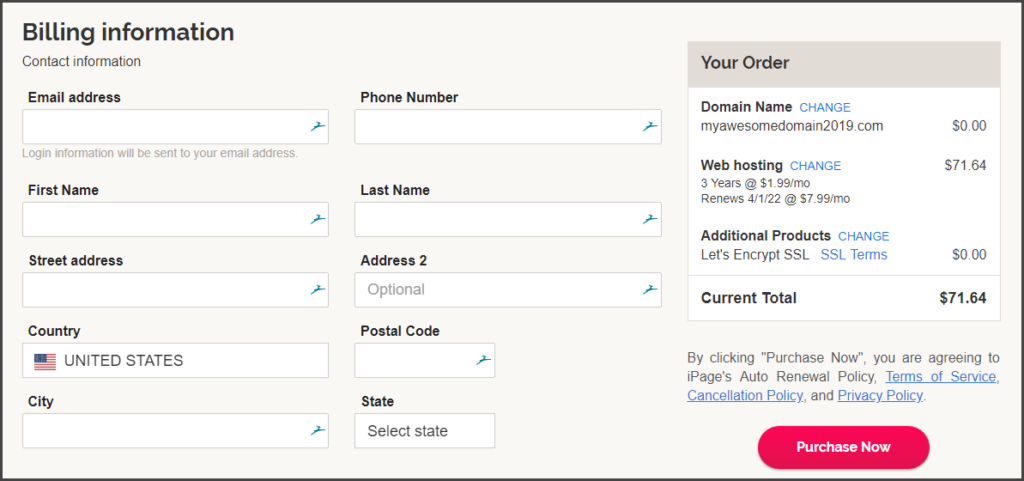 iPage Hosting Payment Details